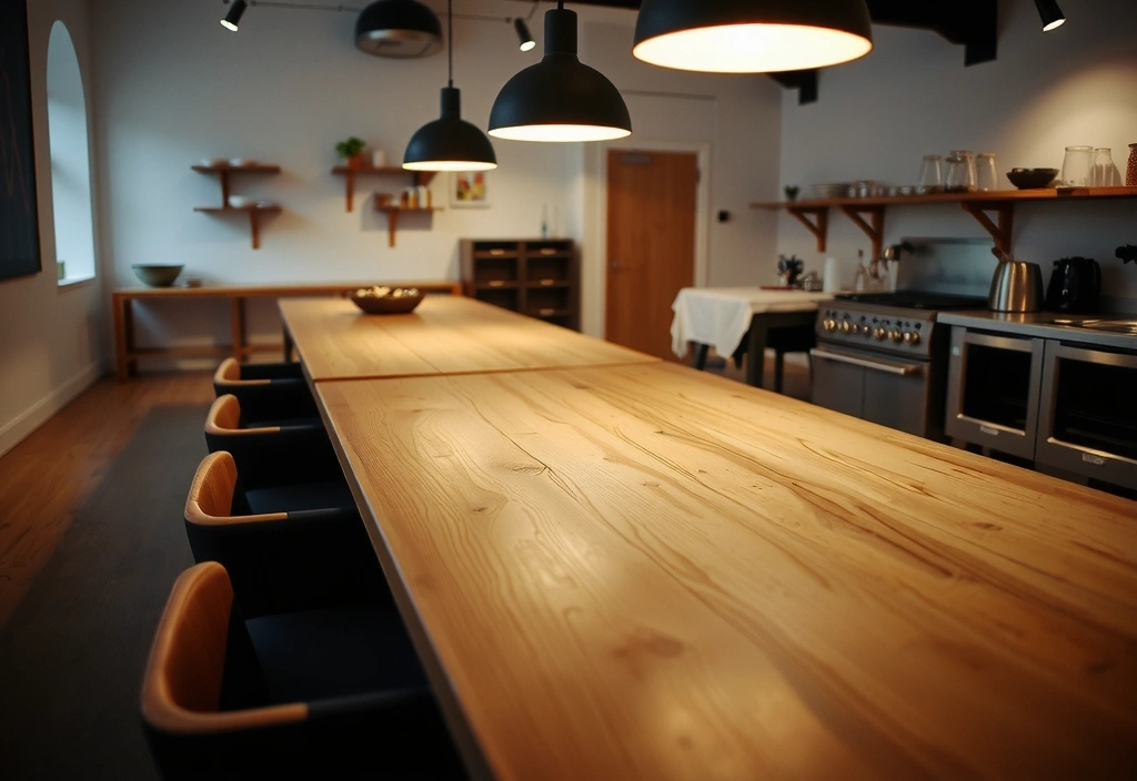 Közösségi étkezőasztal és világítás